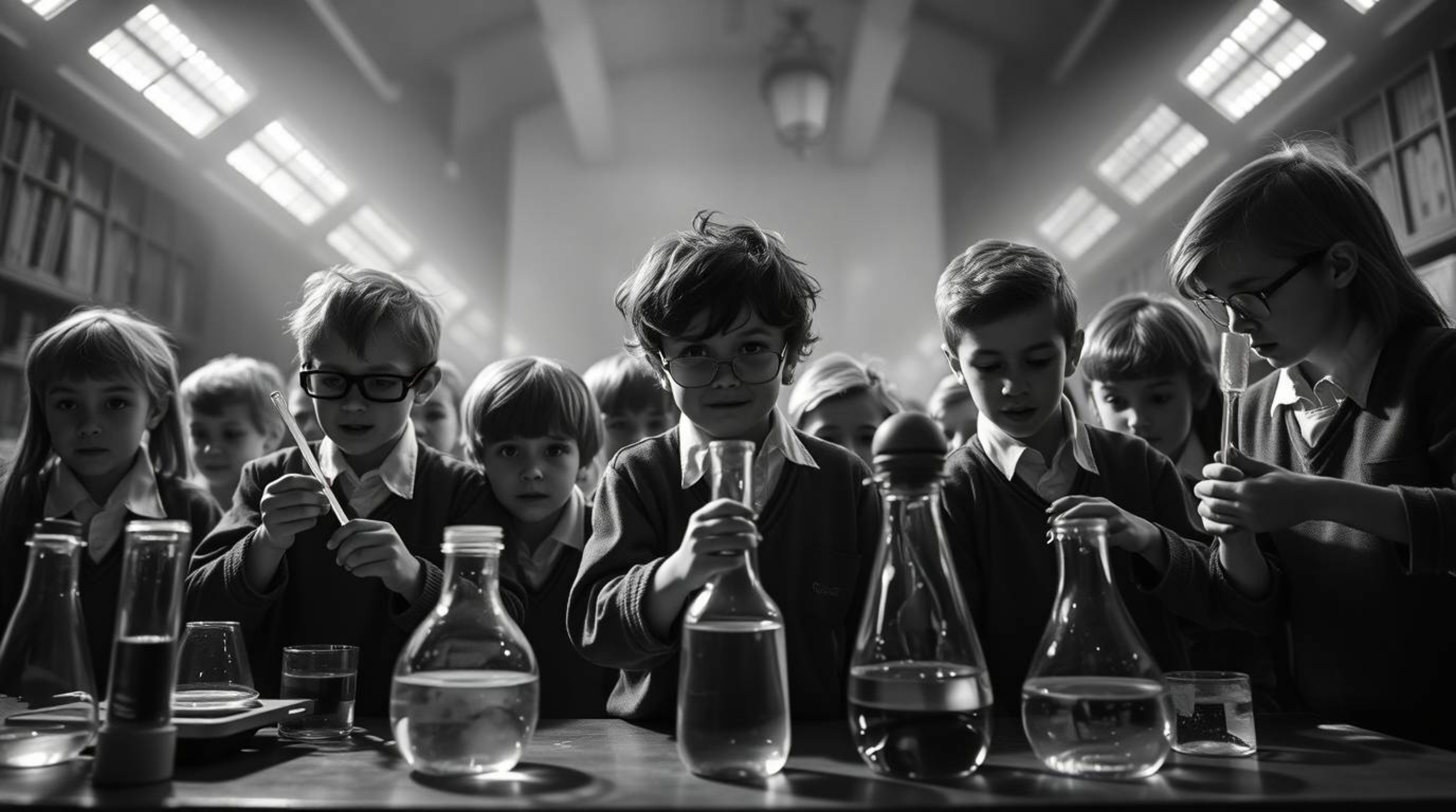 A captivating black and white photograph depicts a group of eccentric children in school uniforms conducting scientific exper