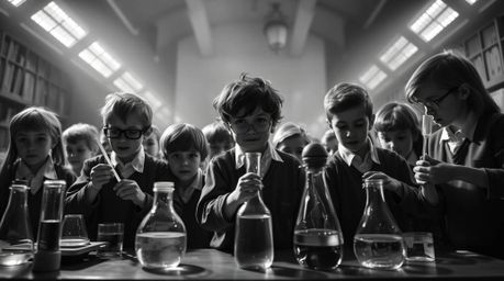 A captivating black and white photograph depicts a group of eccentric children in school uniforms conducting scientific exper