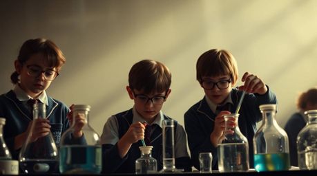 A cinematic and dramatic image depicting quirky children in school uniforms engaged in fascinating science experiments. The s