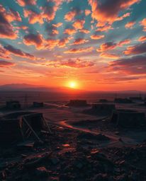 A vibrant image showcasing a sunrise over a war-torn landscape, enhanced with iridescent reflections and adorable, charming f