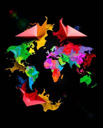 This image features an intricate origami-style world map created from bright, colorful splashes, showcasing a creative abstra