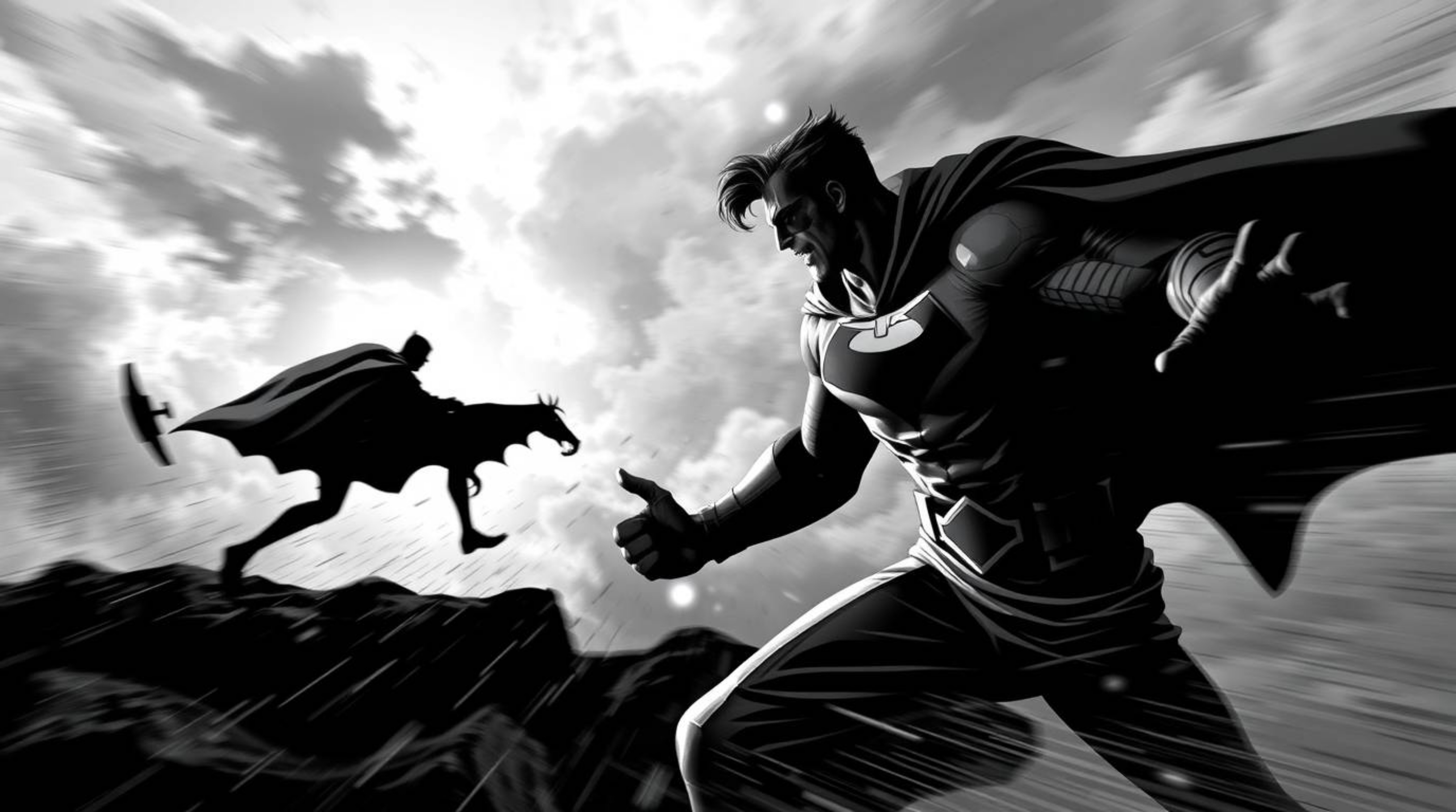 A classic black and white image captures a dynamic scene of a superhero with a cape battling a silly villain amidst stormy sk