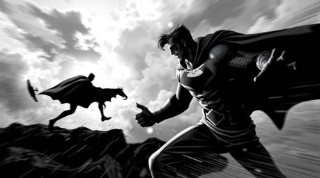 A classic black and white image captures a dynamic scene of a superhero with a cape battling a silly villain amidst stormy sk