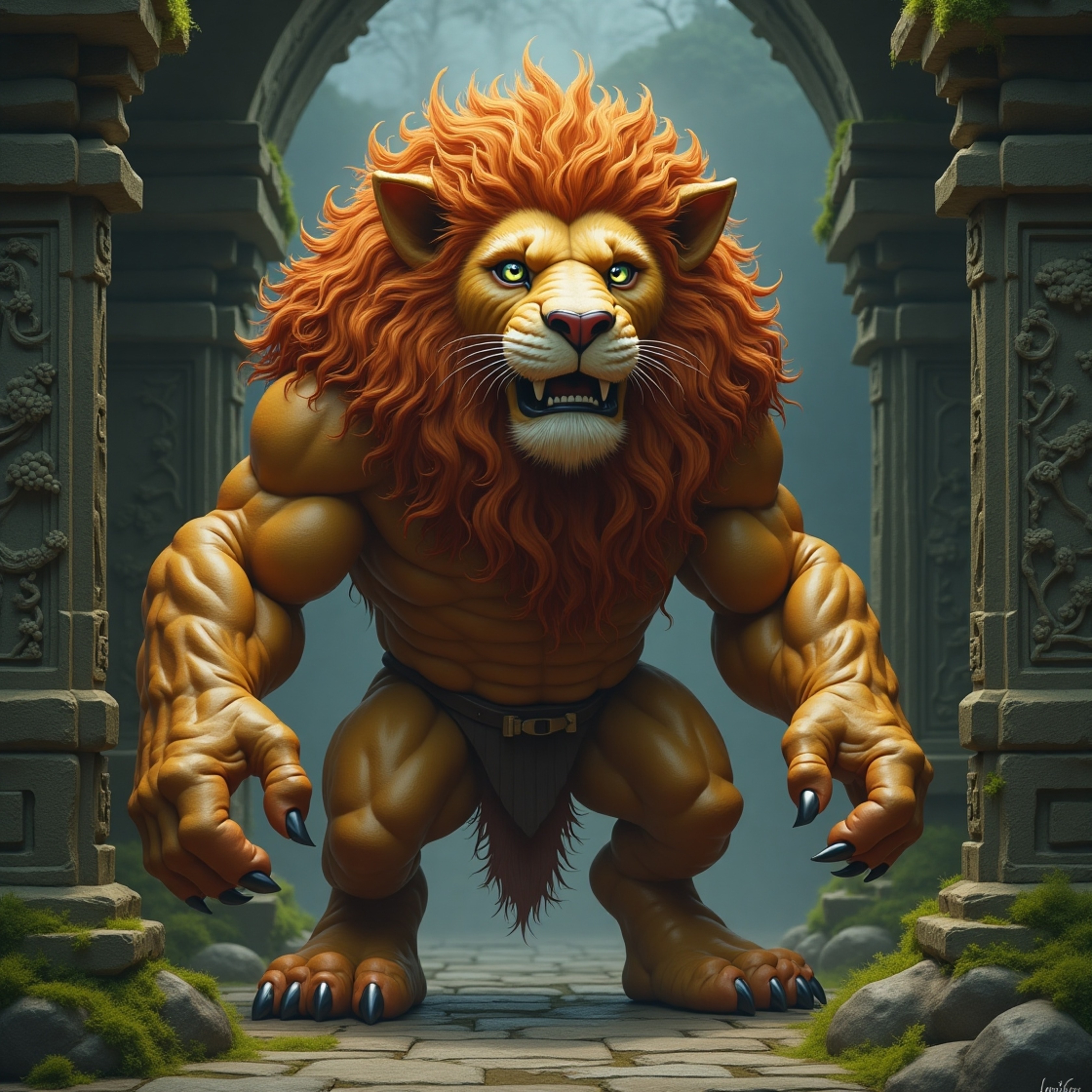 A captivating scene depicts a majestic griffin, a mythical creature with a human upper body and a lion's lower body, standing