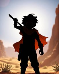 Experience a vibrant desert adventure with a brave, Disney-style hero silhouetted against a bright, energetic backdrop. This 