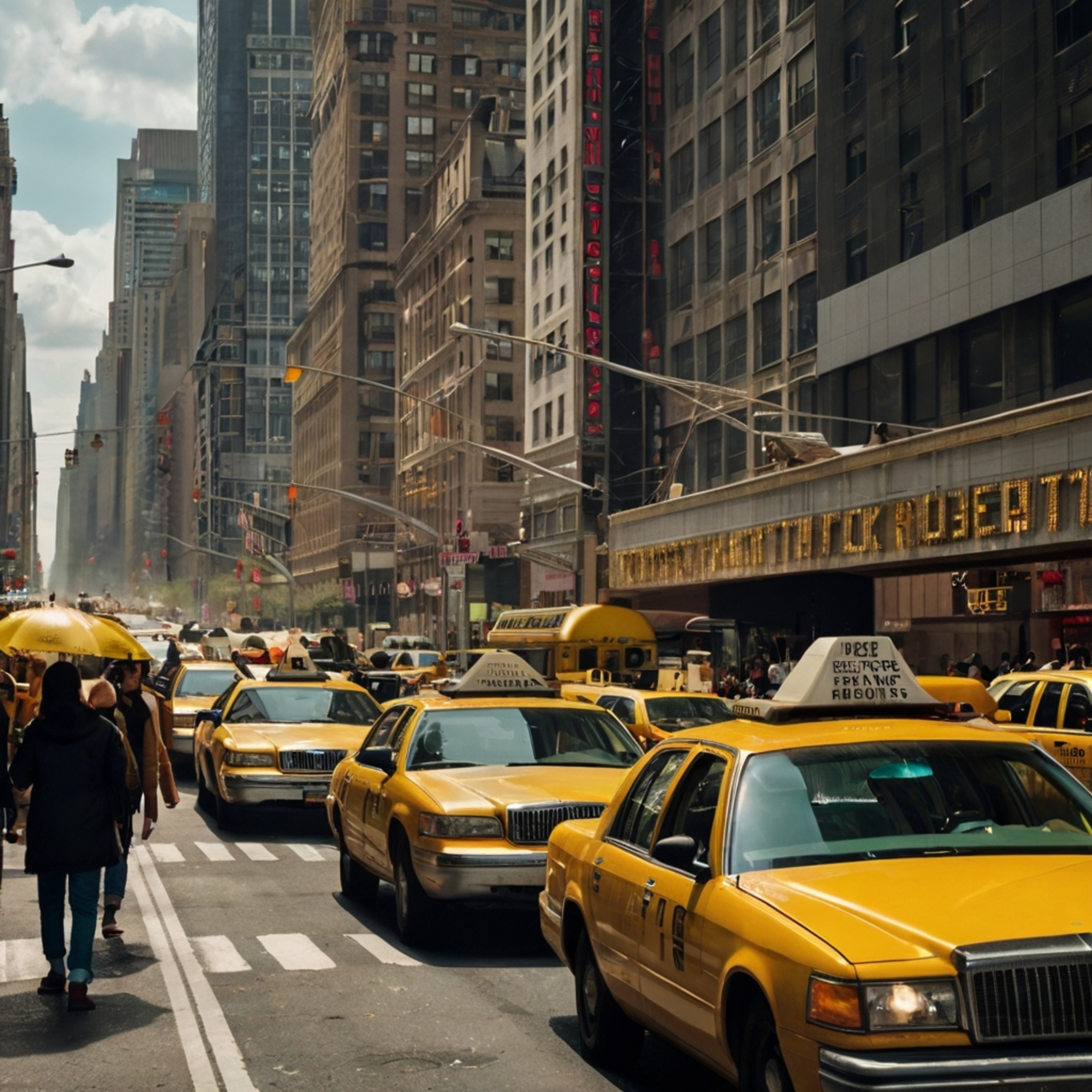 Capture the vibrant energy of a bustling New York City street, where iconic yellow taxis weave through traffic, sidewalks ove