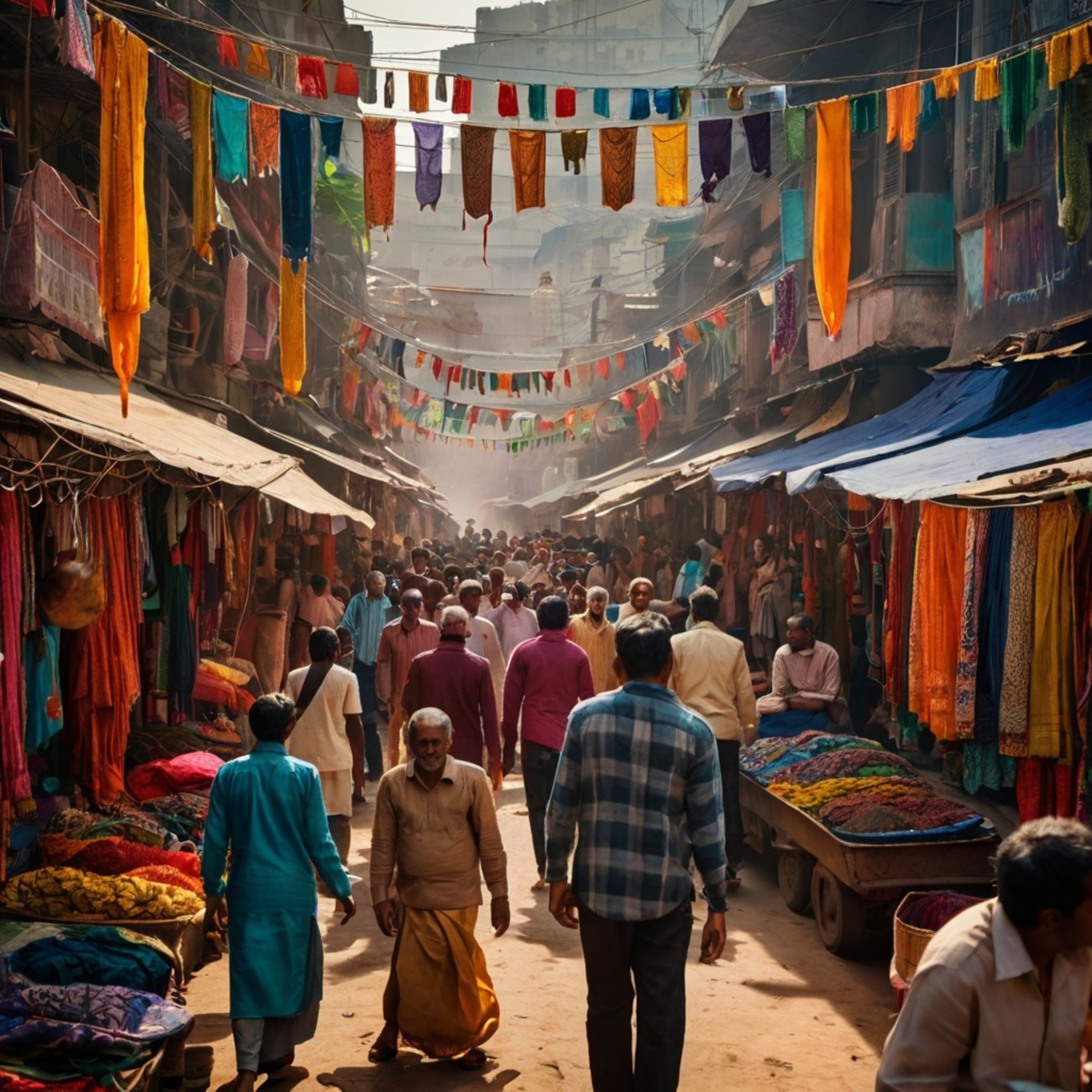 Experience the sensory overload of a vibrant Indian market street, overflowing with colorful textiles hanging from bustling s