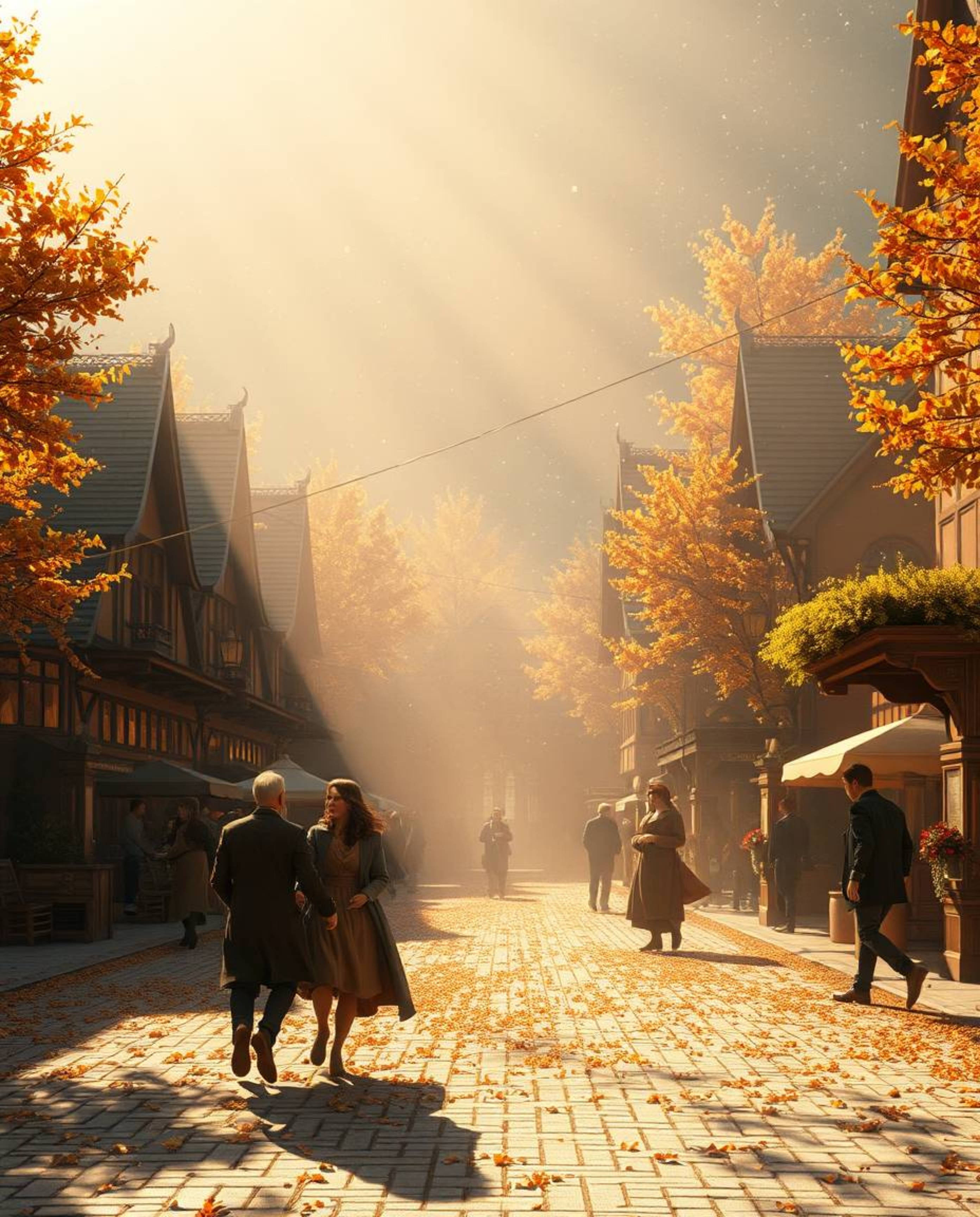 A captivating animated musical number unfolds in a vibrant town square, bathed in the warm glow of autumn.  Volumetric lighti