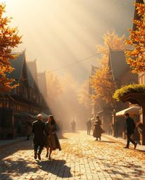 A captivating animated musical number unfolds in a vibrant town square, bathed in the warm glow of autumn.  Volumetric lighti