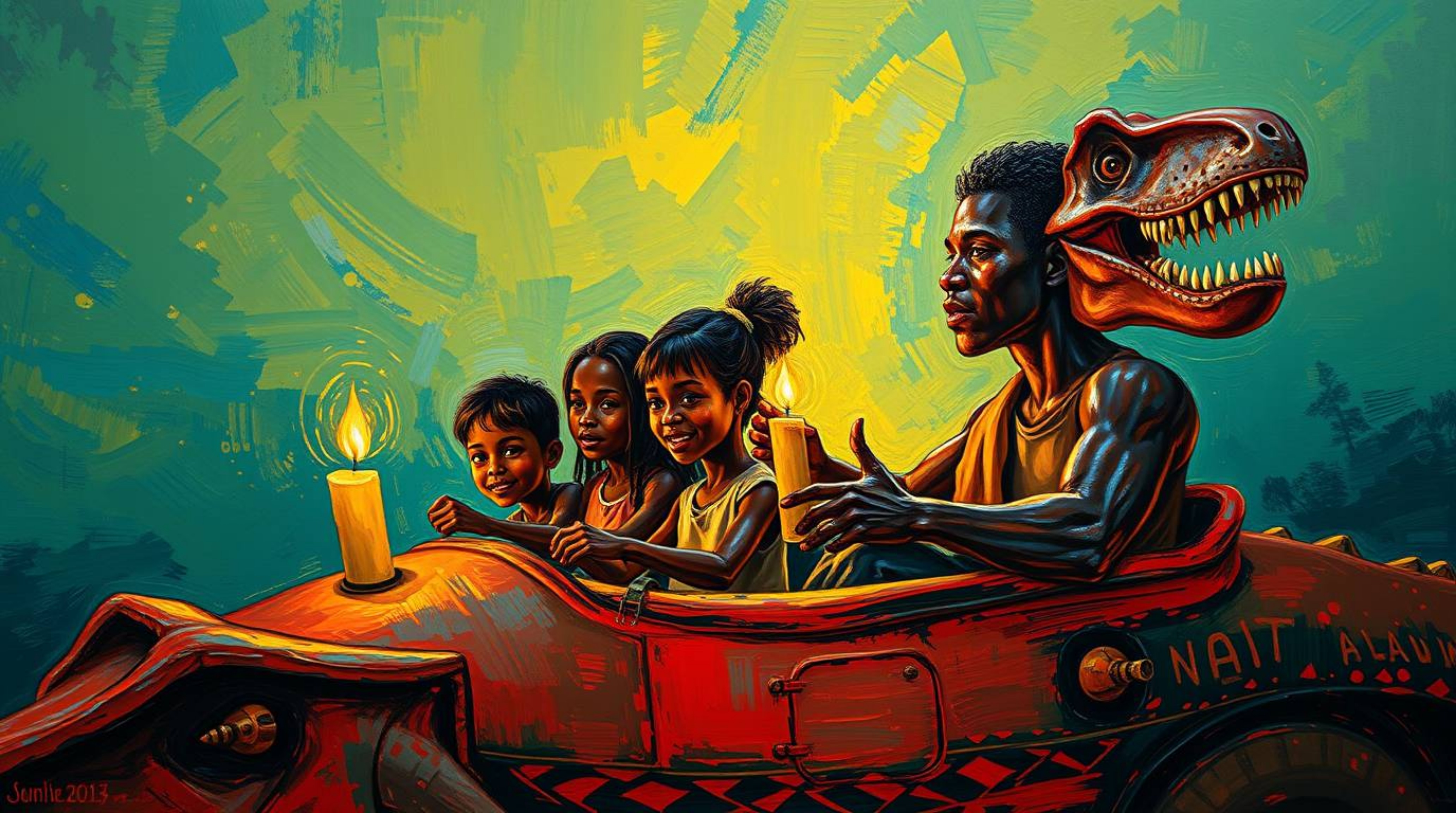 A vibrant bold acrylic painting depicts a prehistoric family with dark skin tones enjoying a ride in a dinosaur car.  Warm ca