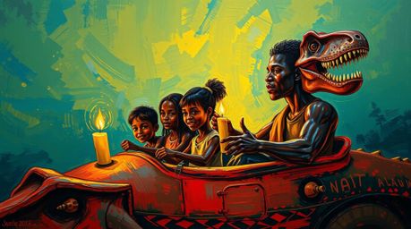 A vibrant bold acrylic painting depicts a prehistoric family with dark skin tones enjoying a ride in a dinosaur car.  Warm ca