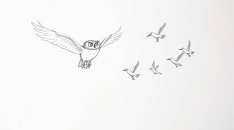 A captivating hand-drawn sketch in the style of Pixar depicts a blind owl in mid-flight, generously teaching several birds ho