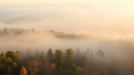 Experience the serene beauty of a forest shrouded in mist during the golden hour.  This captivating image features a distinct