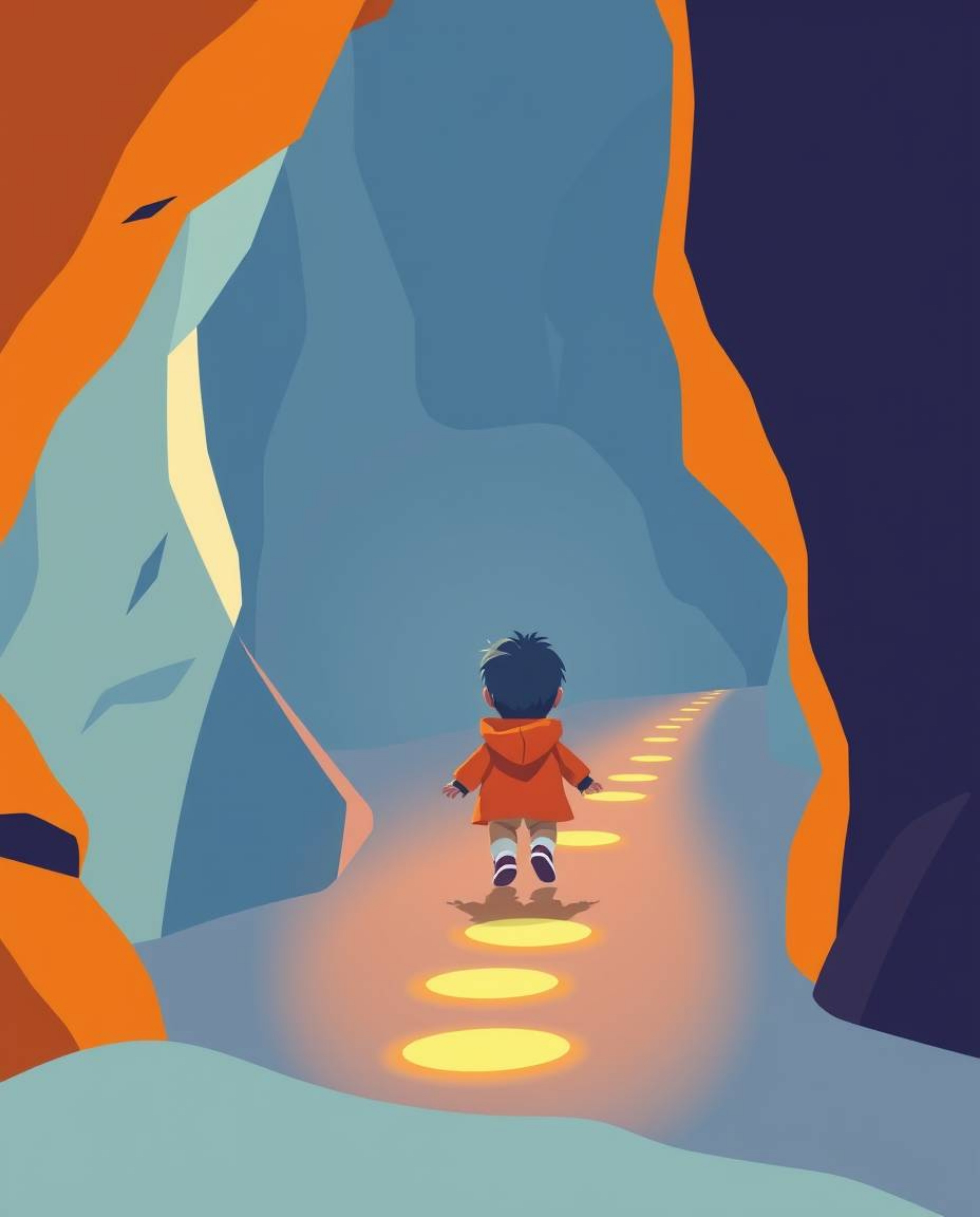 A vibrant extreme macro, modern flat design illustration depicts a small child with brightly colored clothing following a tra
