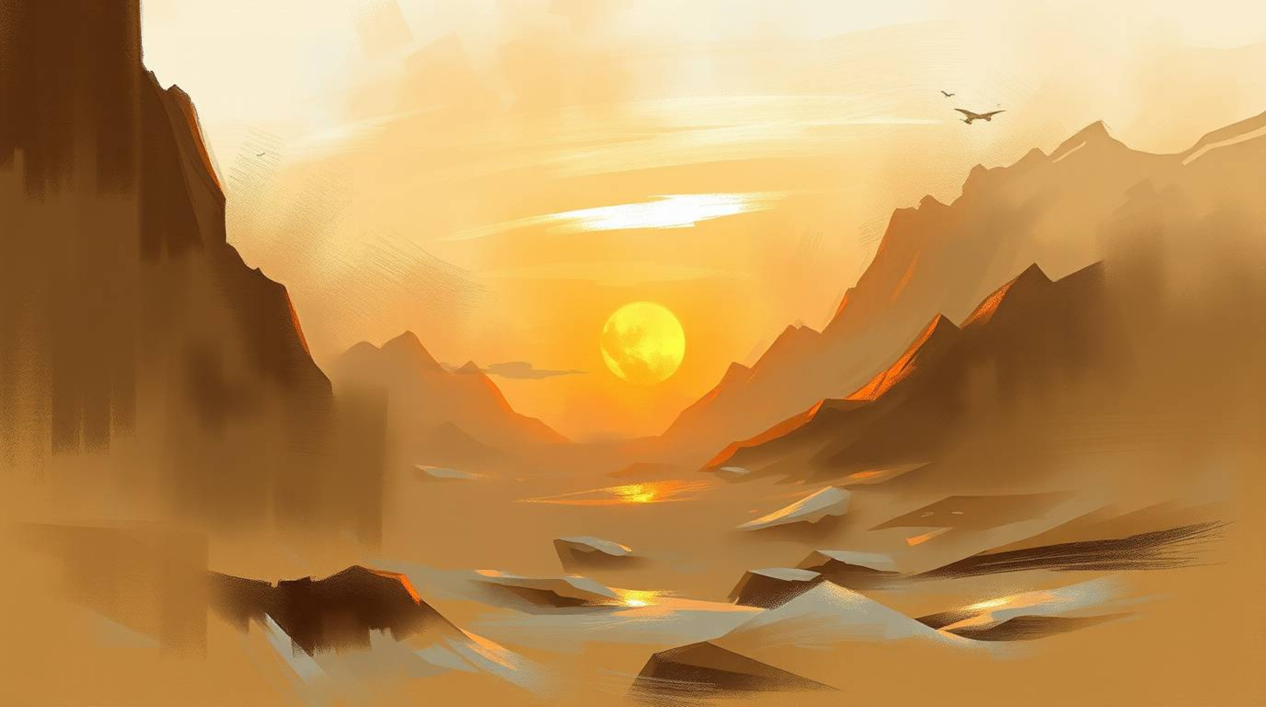 A digital sketch capturing a misty and atmospheric sunset over icy glaciers, rendered in natural earth tones, browns, and bei