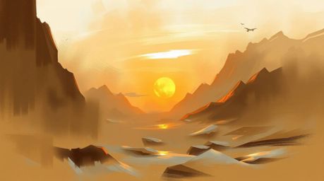 A digital sketch capturing a misty and atmospheric sunset over icy glaciers, rendered in natural earth tones, browns, and bei
