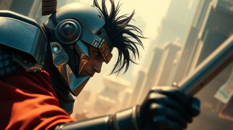 A high-angle cinematic shot depicts a vibrant battle between a stern-faced samurai and a metallic robot in a hazy, dystopian 