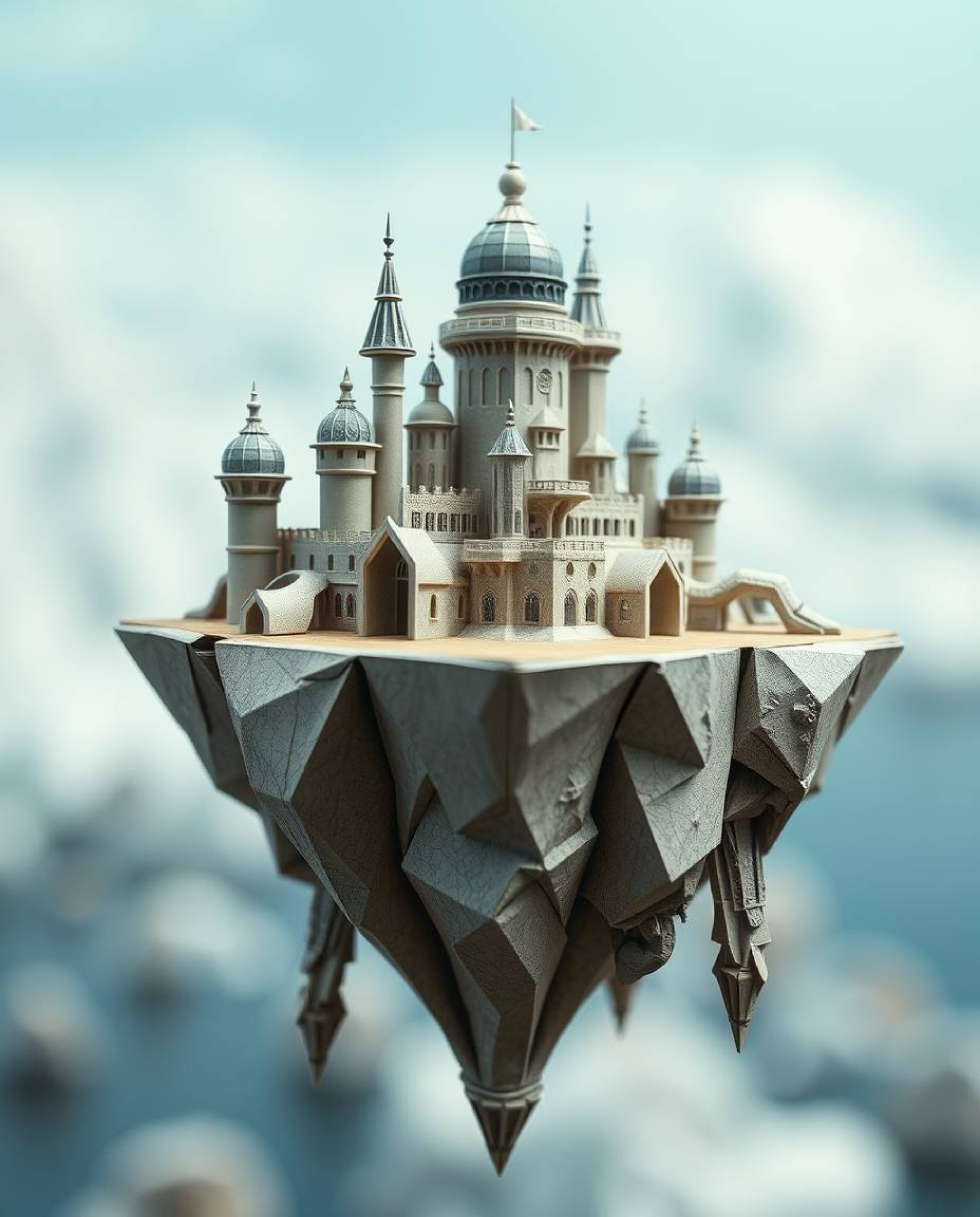 Explore a surreal floating island captured in extreme macro close-up, showcasing strange architecture rendered in intricate o