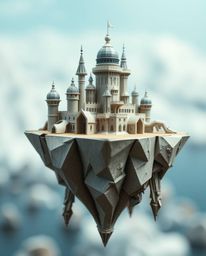 Explore a surreal floating island captured in extreme macro close-up, showcasing strange architecture rendered in intricate o