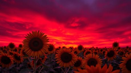 A captivating high-resolution stock photo depicts a breathtaking sunflower field bathed in the intense, dramatic light of a d