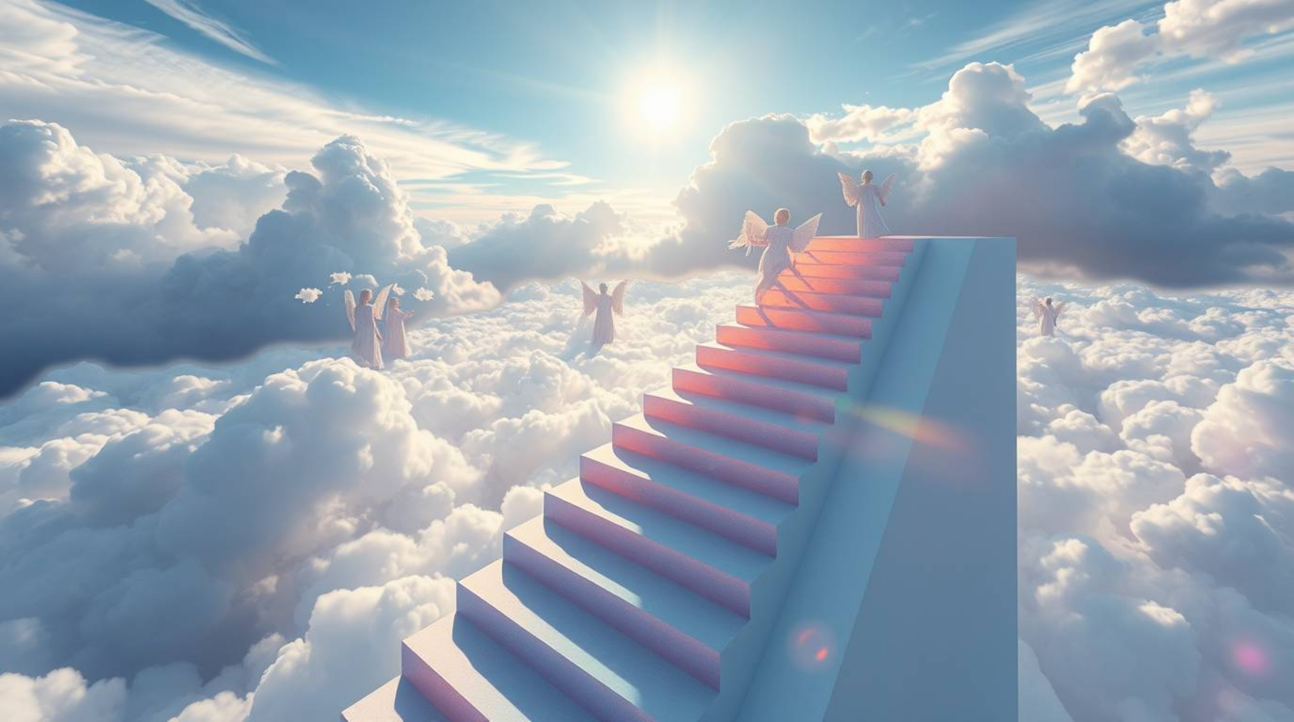 A high-angle perspective reveals a breathtaking scene: steps of iridescent light ascend into a cloudy sky, watched over by an