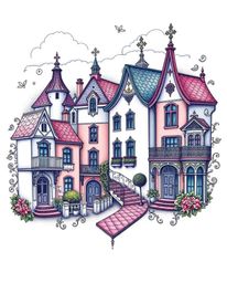 Discover a vibrant traditional tattoo art print featuring a charming sleepy town.  Pastel-colored houses, graceful features, 