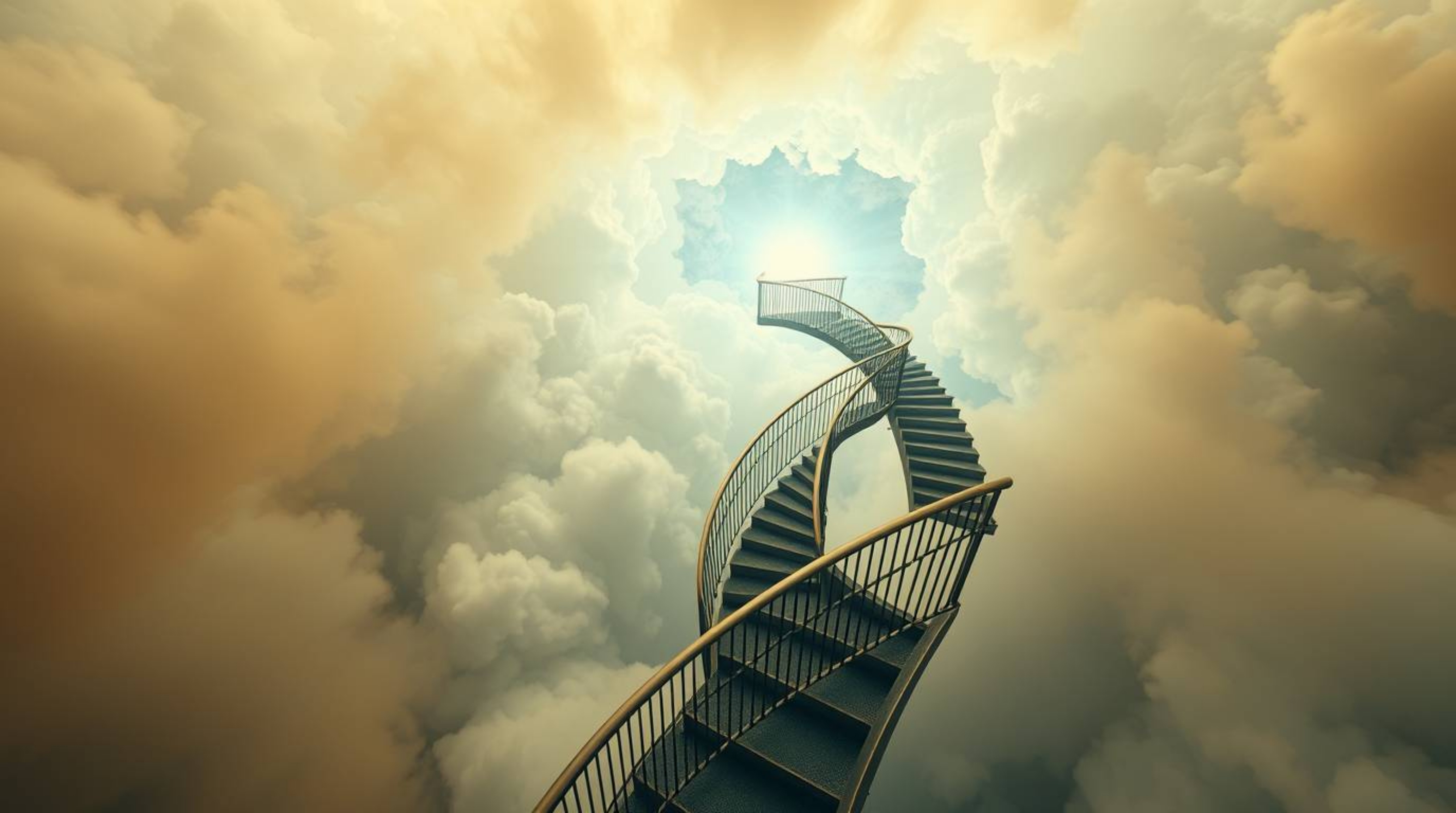 A captivating overhead shot showcases a surreal stairway floating amidst smoky clouds, ascending towards a radiant celestial 