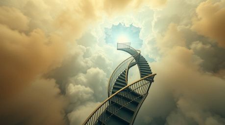 A captivating overhead shot showcases a surreal stairway floating amidst smoky clouds, ascending towards a radiant celestial 