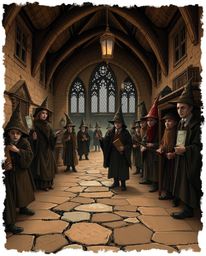 Discover a captivating image of a magical school, rendered in eerie earth tones. Young wizards inhabit this unsettling academ