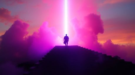 A captivating image depicts a lone figure ascending a stone staircase towards a celestial beam of light.  The scene is dramat