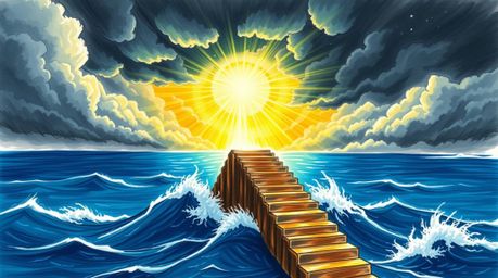 This hand-drawn color sketchnote depicts a dramatic staircase rising from the ocean and ascending into a stormy sky, illumina