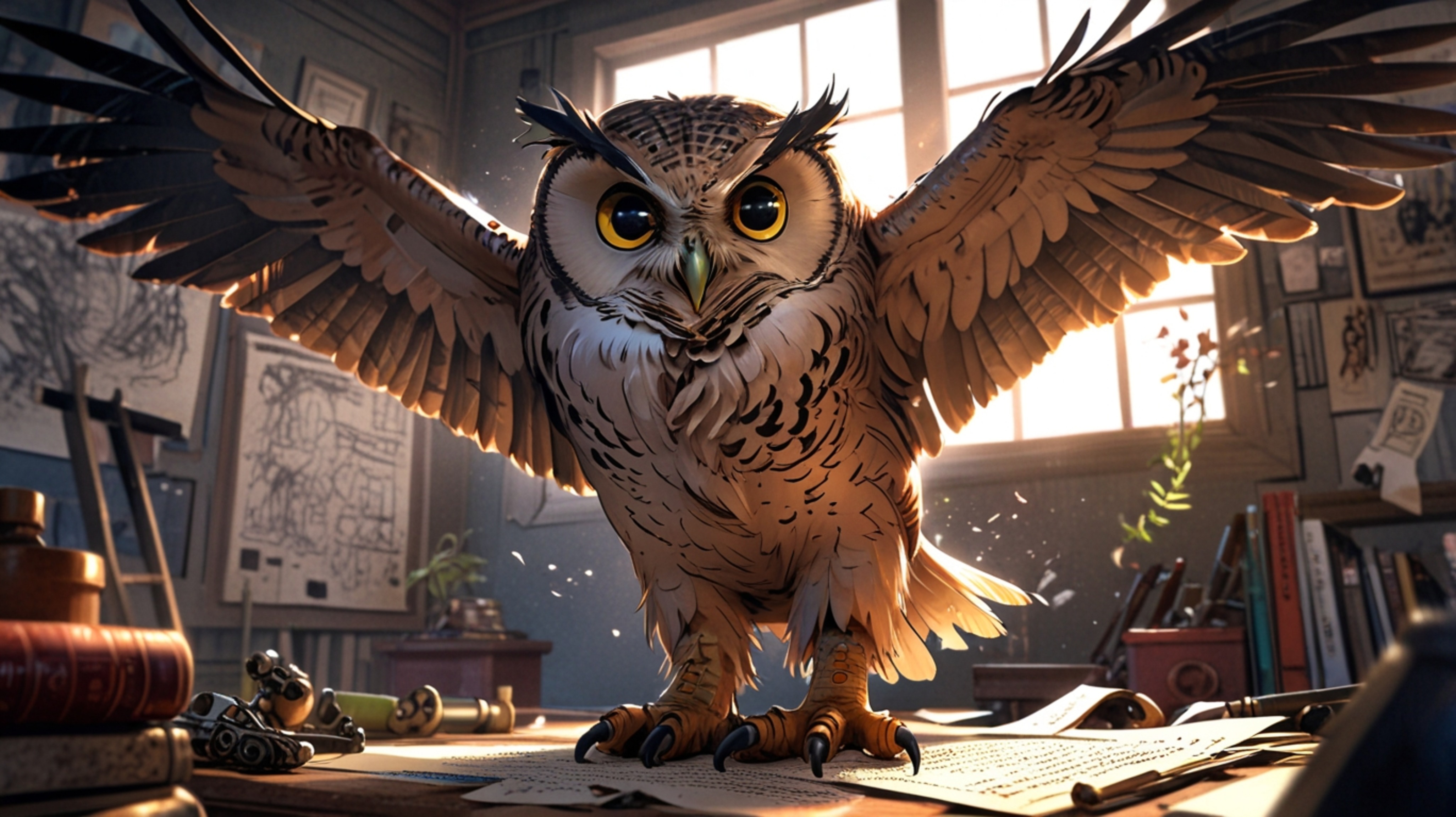 In a wonderfully studious and charming scene, created in a beautiful blend of Pixar and anime styles, a wise blind owl is tea