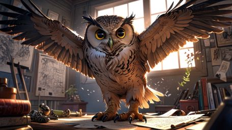In a wonderfully studious and charming scene, created in a beautiful blend of Pixar and anime styles, a wise blind owl is tea