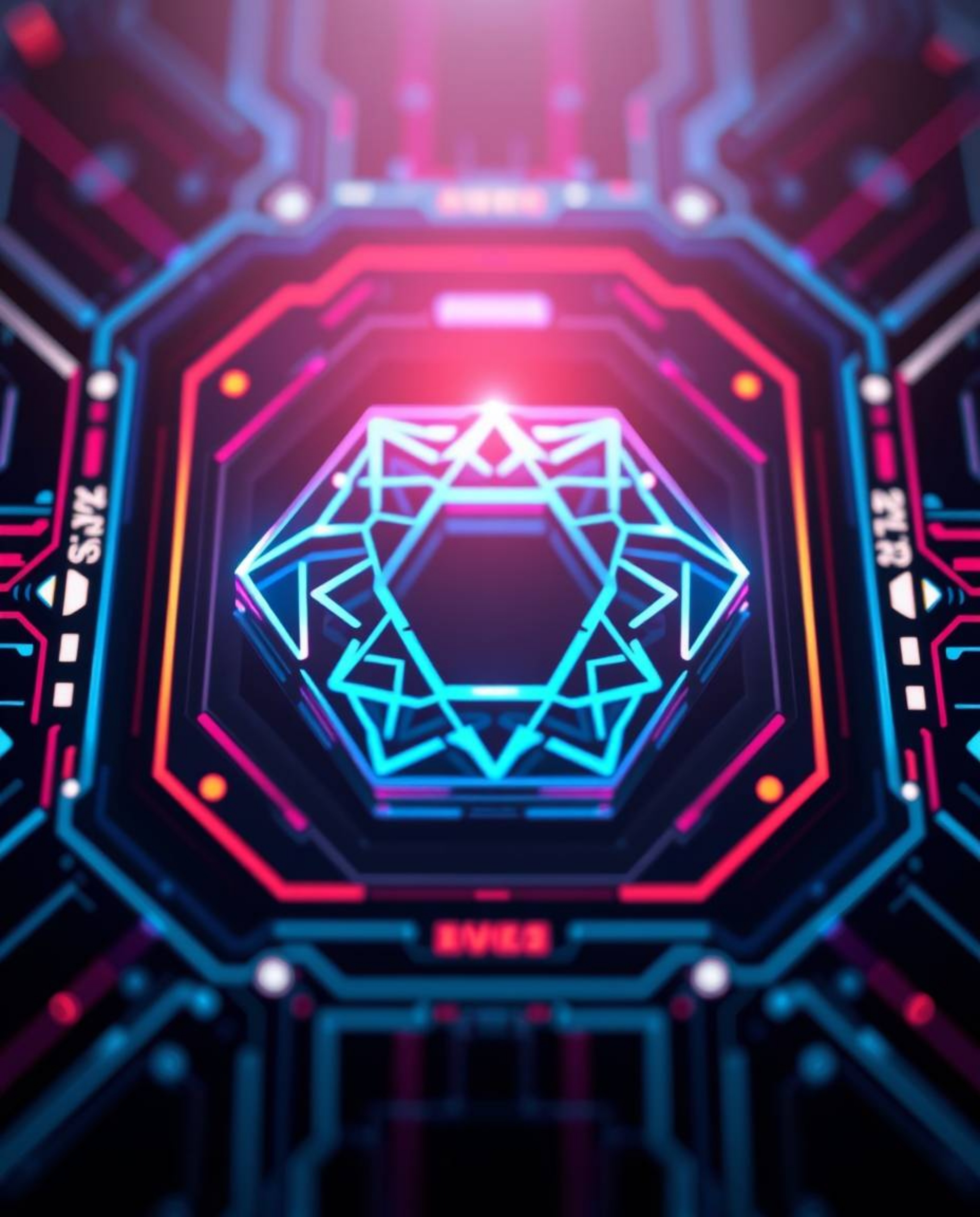 This captivating artwork showcases a futuristic digital interface logo in an extreme close-up, highlighting the intricate geo