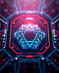 This captivating artwork showcases a futuristic digital interface logo in an extreme close-up, highlighting the intricate geo