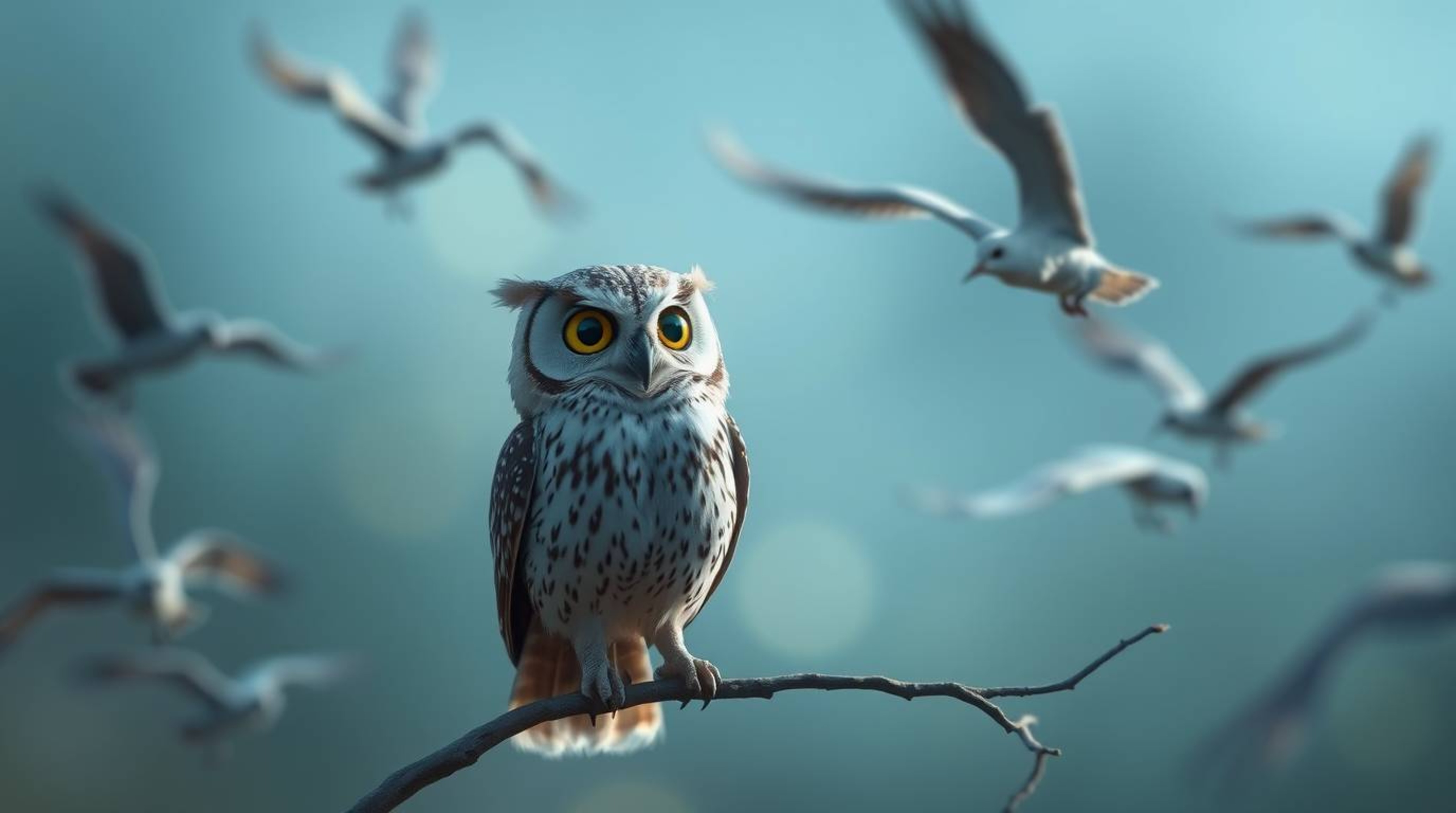This Pixar-inspired long-exposure photograph captures a wise, blind owl with a proud and serene expression as it teaches bird