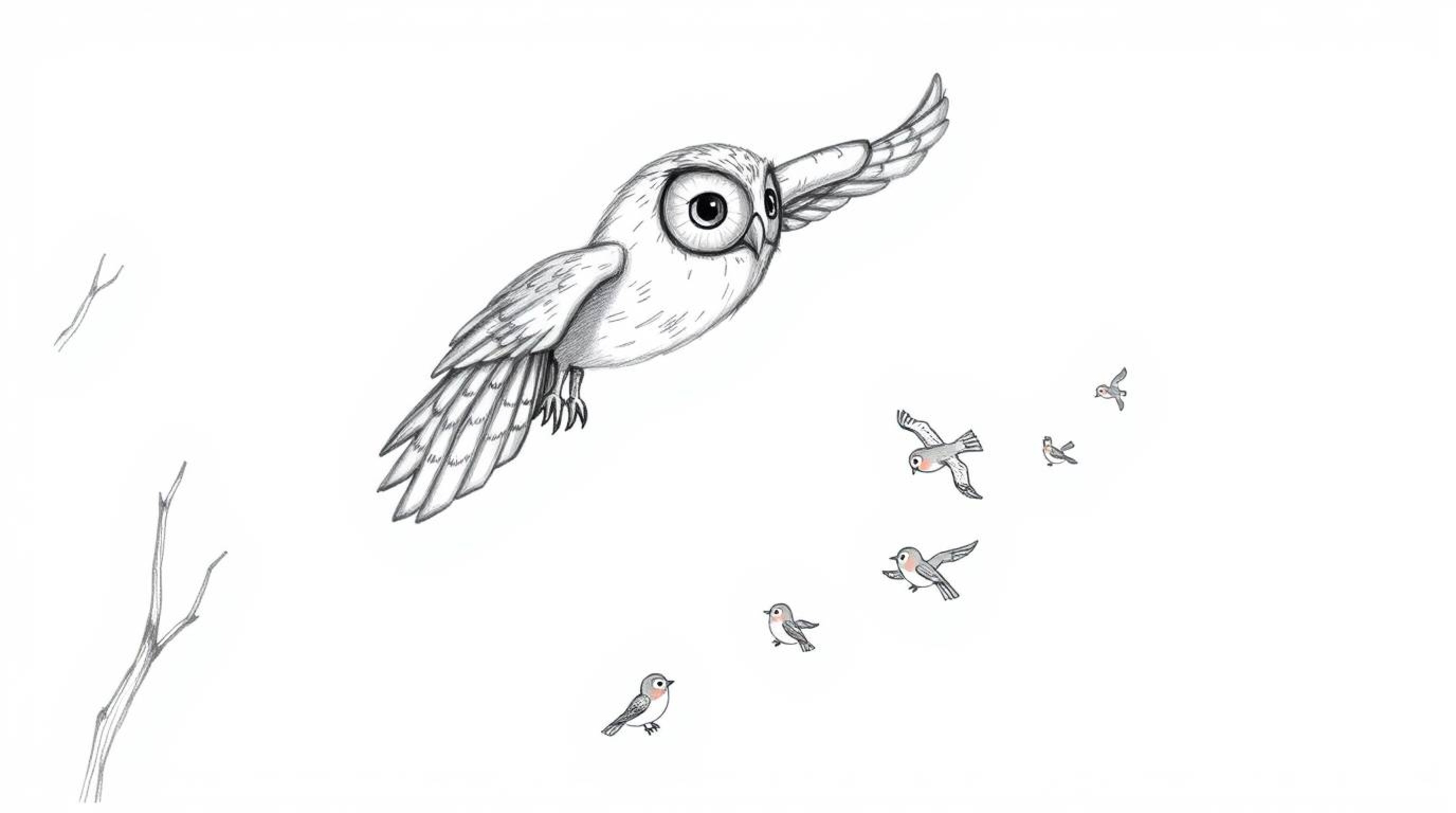 A charming hand-drawn sketch reminiscent of Pixar, featuring a blind owl gracefully gliding through a forest, imparting the s