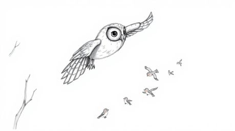 A charming hand-drawn sketch reminiscent of Pixar, featuring a blind owl gracefully gliding through a forest, imparting the s