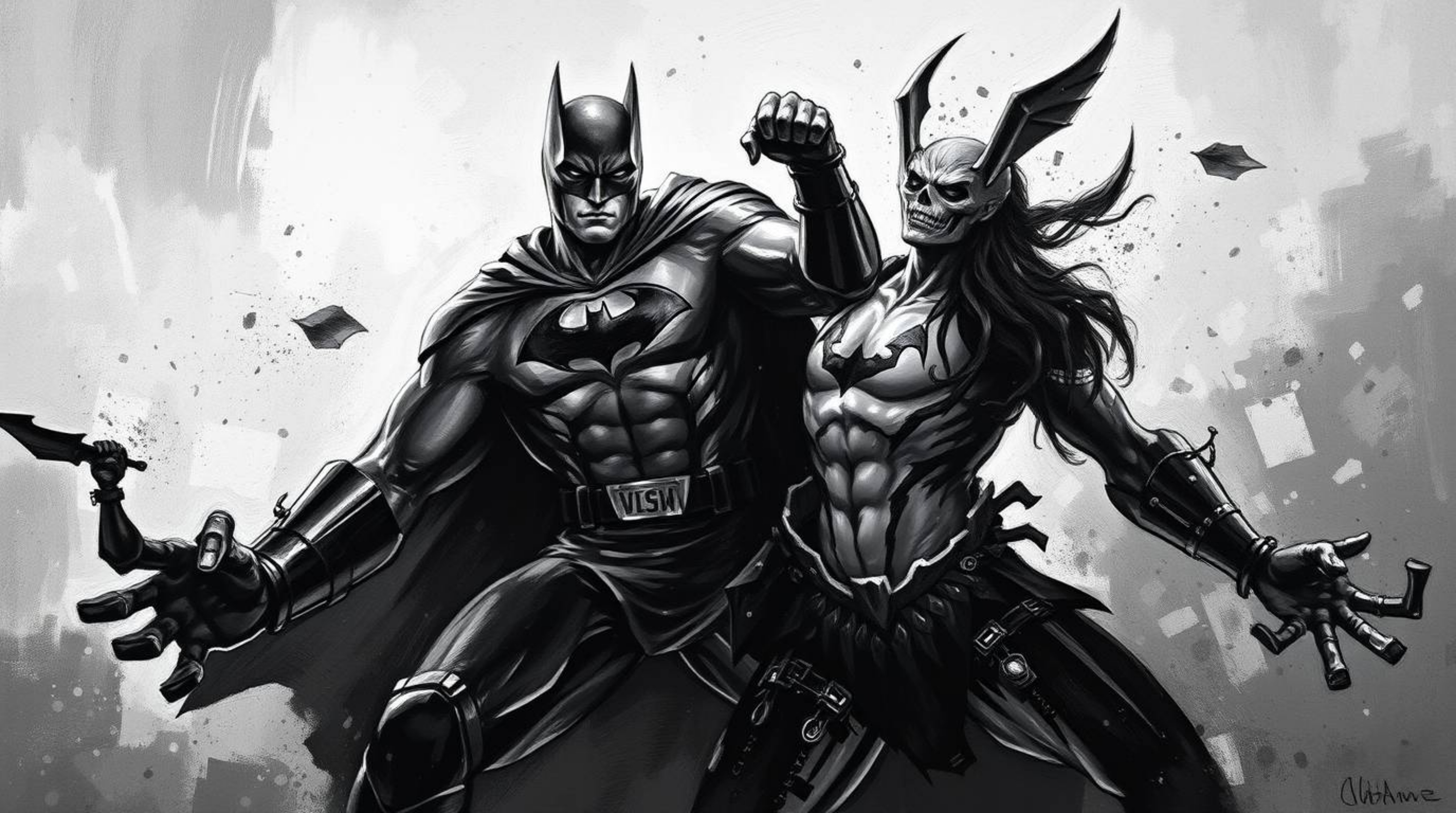 A classic black and white oil painting captures a dynamic scene of a superhero with a cape locked in battle with a silly vill