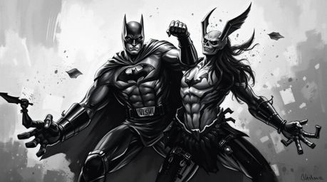 A classic black and white oil painting captures a dynamic scene of a superhero with a cape locked in battle with a silly vill