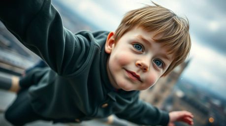 An extreme macro close-up photograph captures a young boy with fair skin soaring above London, propelled by shimmering pixie 