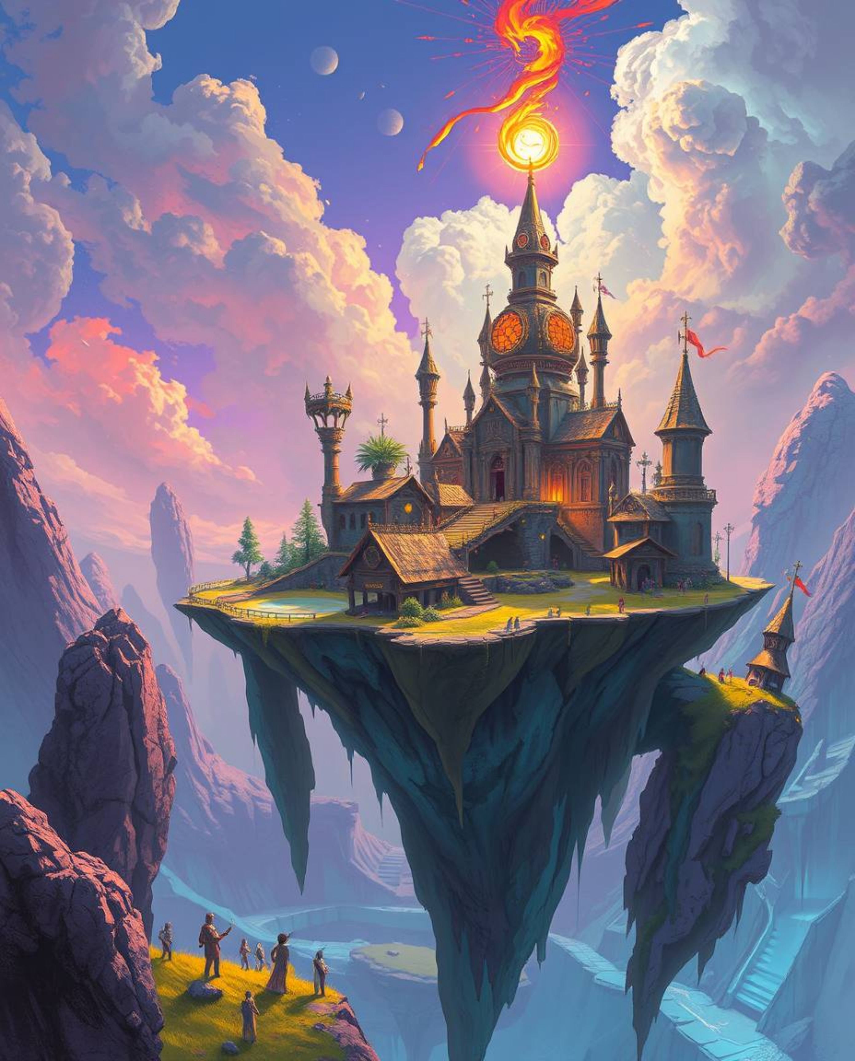 A surreal floating island with strange architecture, rendered in bright, vibrant colors, evokes an ethereal and spiritual vib