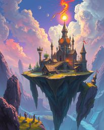 A surreal floating island with strange architecture, rendered in bright, vibrant colors, evokes an ethereal and spiritual vib