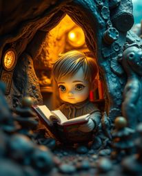 An extreme macro close-up captures a charming individual discovering a hidden underground library within a surreal and dreaml