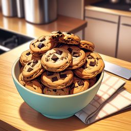 Indulge in the simple pleasure of a bowl of homemade chocolate chip cookies, perfectly arranged on a rustic wooden kitchen co