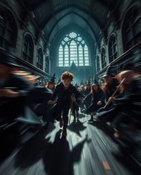 A captivating depiction of a magical school brimming with young wizards.  Rendered in a dynamic style with contrasting chiaro