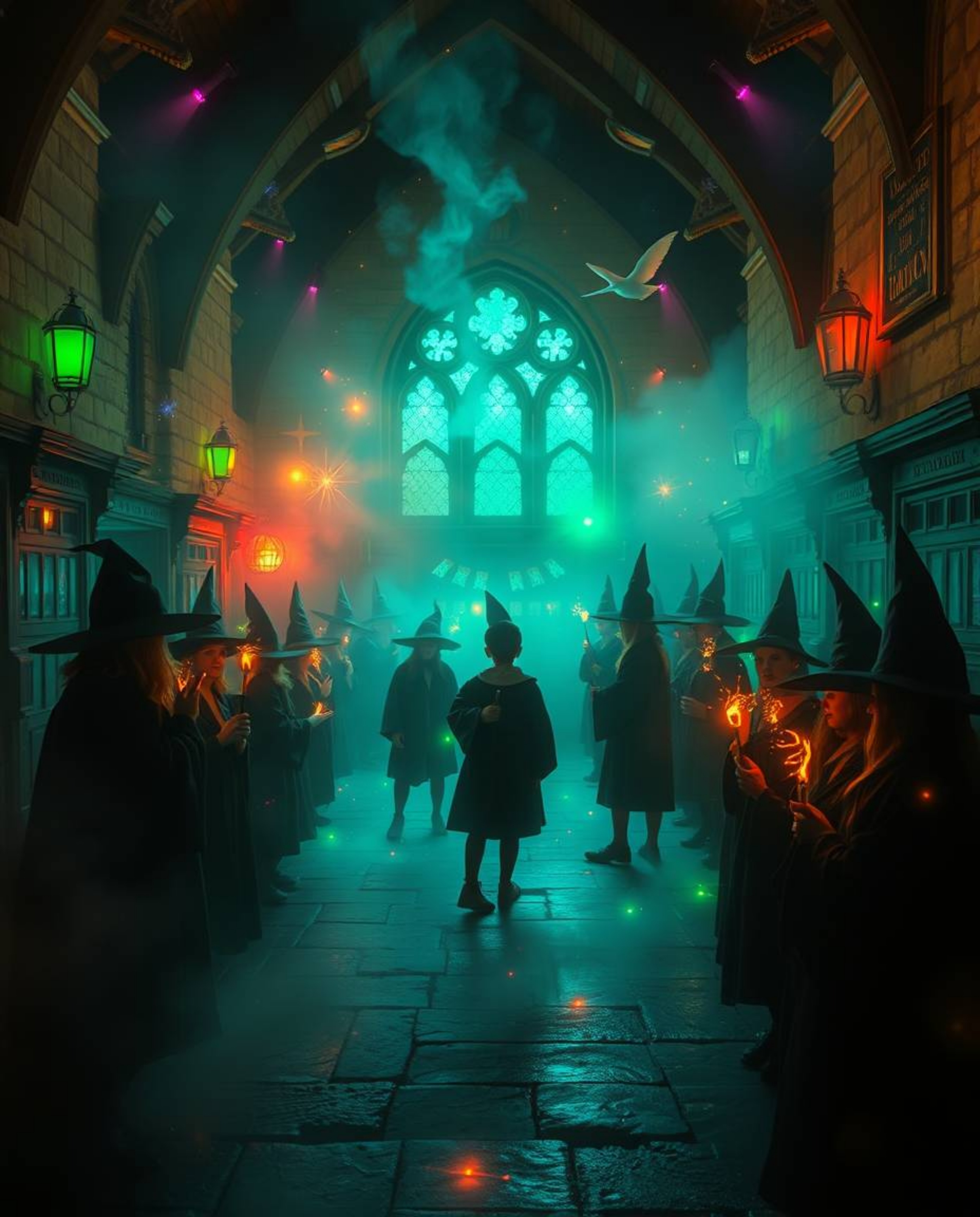Step into a magical school where young wizards learn and grow amidst a soft, dreamy atmosphere. Bioluminescent colors illumin