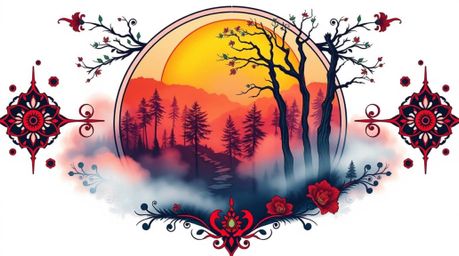 This vibrant art print features a symbolic traditional tattoo design with a modern twist.  Imagine mist rising from a lush fo