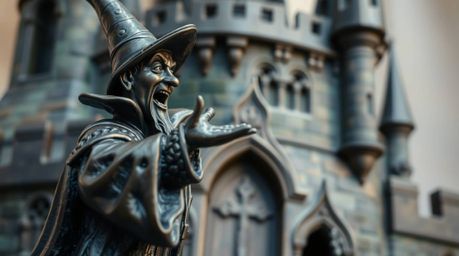 Explore the captivating world of a classic Disney villain through an extreme macro close-up of a cast bronze sculpture. This
