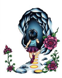 This symbolic traditional tattoo art print depicts a child with dark hair embarking on a mysterious journey, following glowin